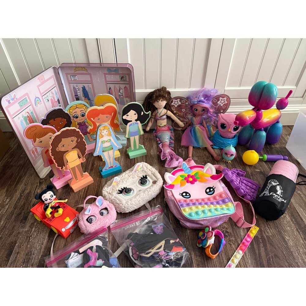 Huge wooden doll interactive play lot, Squeakee- Rainbowie, purse pet + more